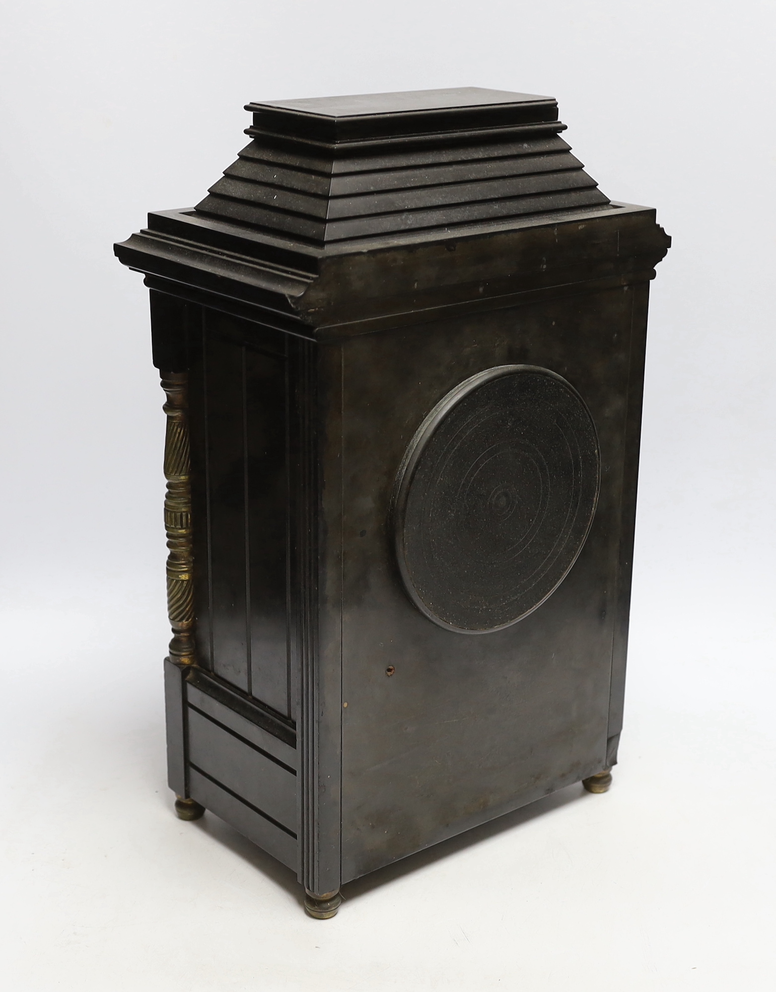 A late 19th century Aesthetic period porcelain mounted slate mantel clock, 42cm high